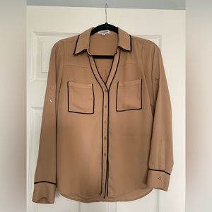 Small tan Express button up, collared blouse with black detail